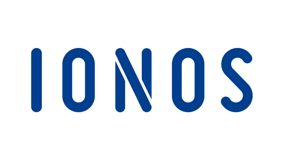 A blue and white logo with a written text of "IONOS"