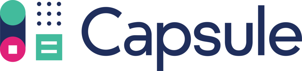 A blue and white logo with a written text of "Capsule"