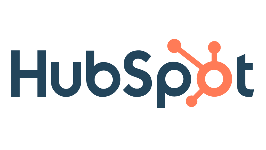 A logo with blue and orange letters with written text of "hubspot"