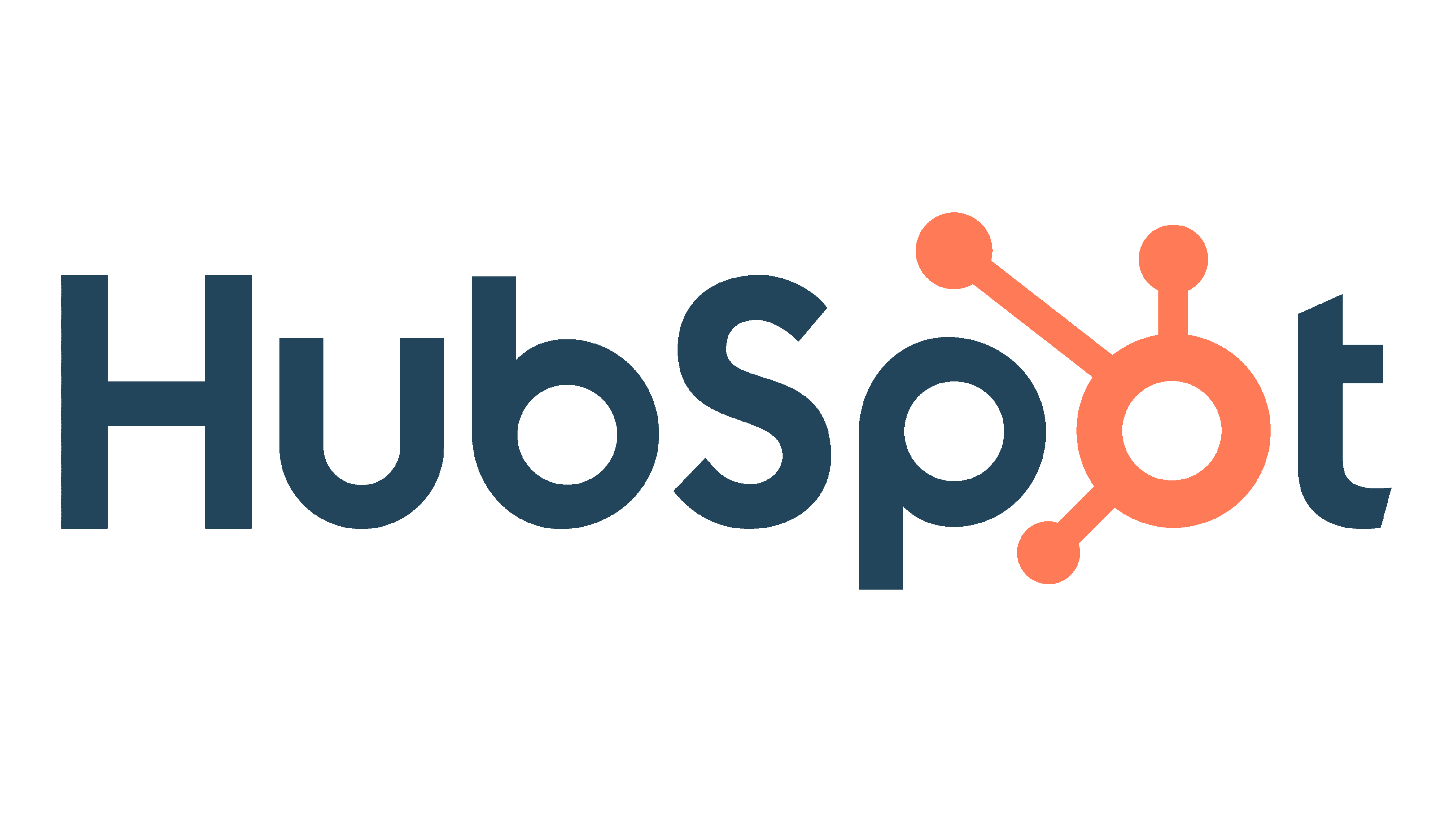 A logo with blue and orange letters with written text of "hubspot"
