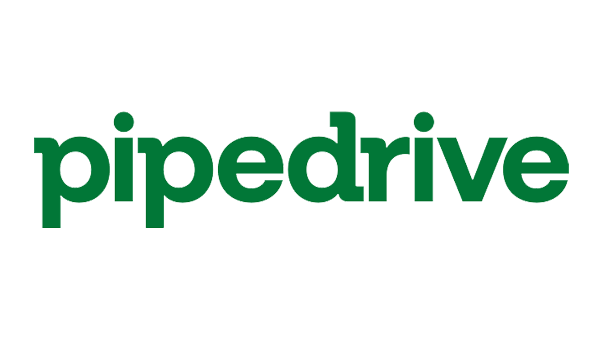 A green and white logo with written text of "pipedrive"