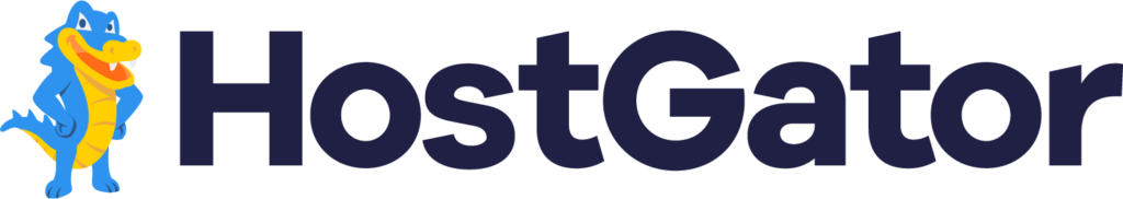 A blue, black, and yellow logo of an alligator with a written text of "HostGator"