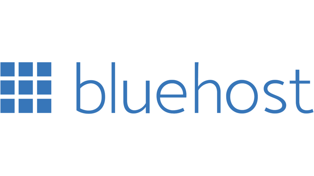 A blue icon and text of "Bluehost" on a white background