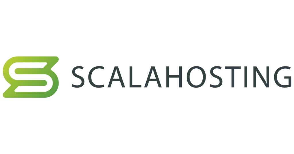 A logo with a written text of "scalahosting"