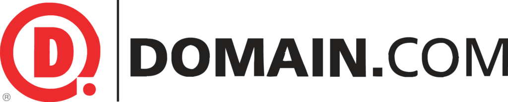 A red logo and written text of "Domain.com"