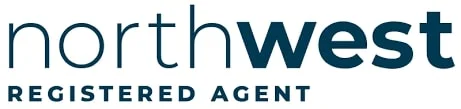 A blue and white logo with written text of "northwest registered agent"