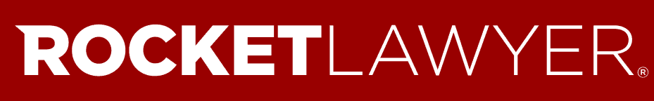 A red and white logo of ROCKETLAWYER