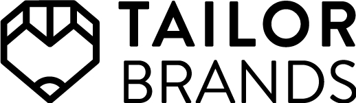 A black and white logo with heart icon and a written texts of "Tailor Brands"