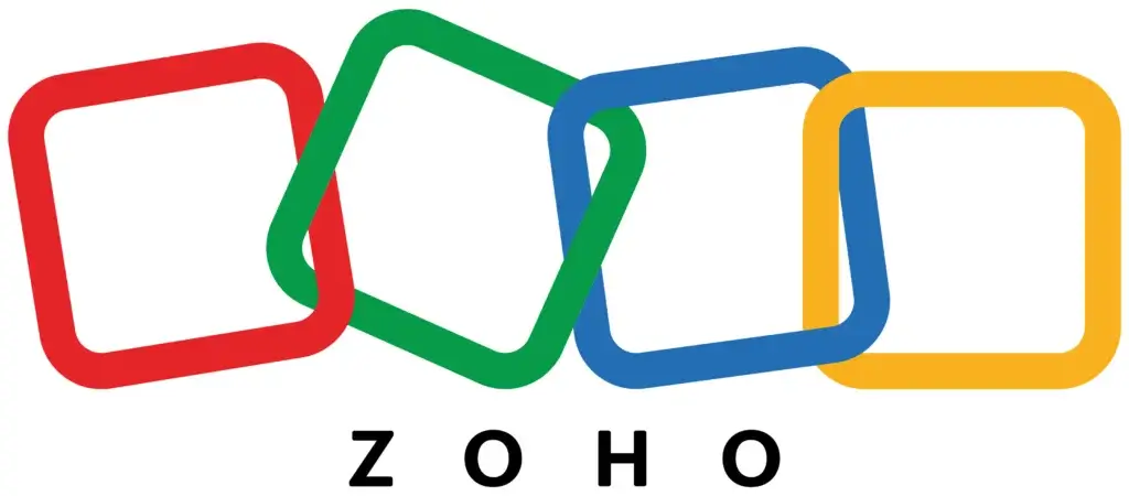 A logo with colorful intertwined squares with a written text of "ZOHO"